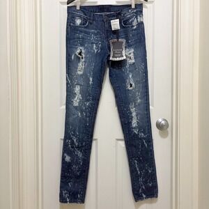 NEW Bebe Carmen Low Rise Skinny Jeans Sz 29 Vtg Y2K Distressed Mesh Rhinestone